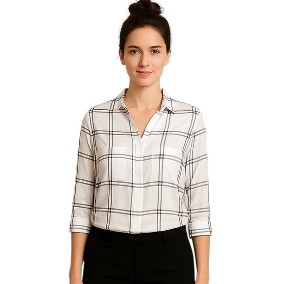 Fortune & Ivy Small White Black Plaid Windowpane Button Front Blouse Roll Tab - Picture 1 of 10
